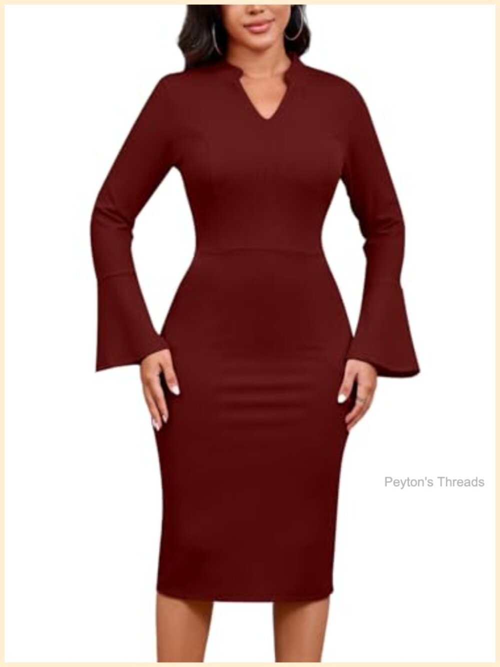 Elegant Bell Sleeve Bodycon V Neck Midi Pencil Work Dress with Pockets